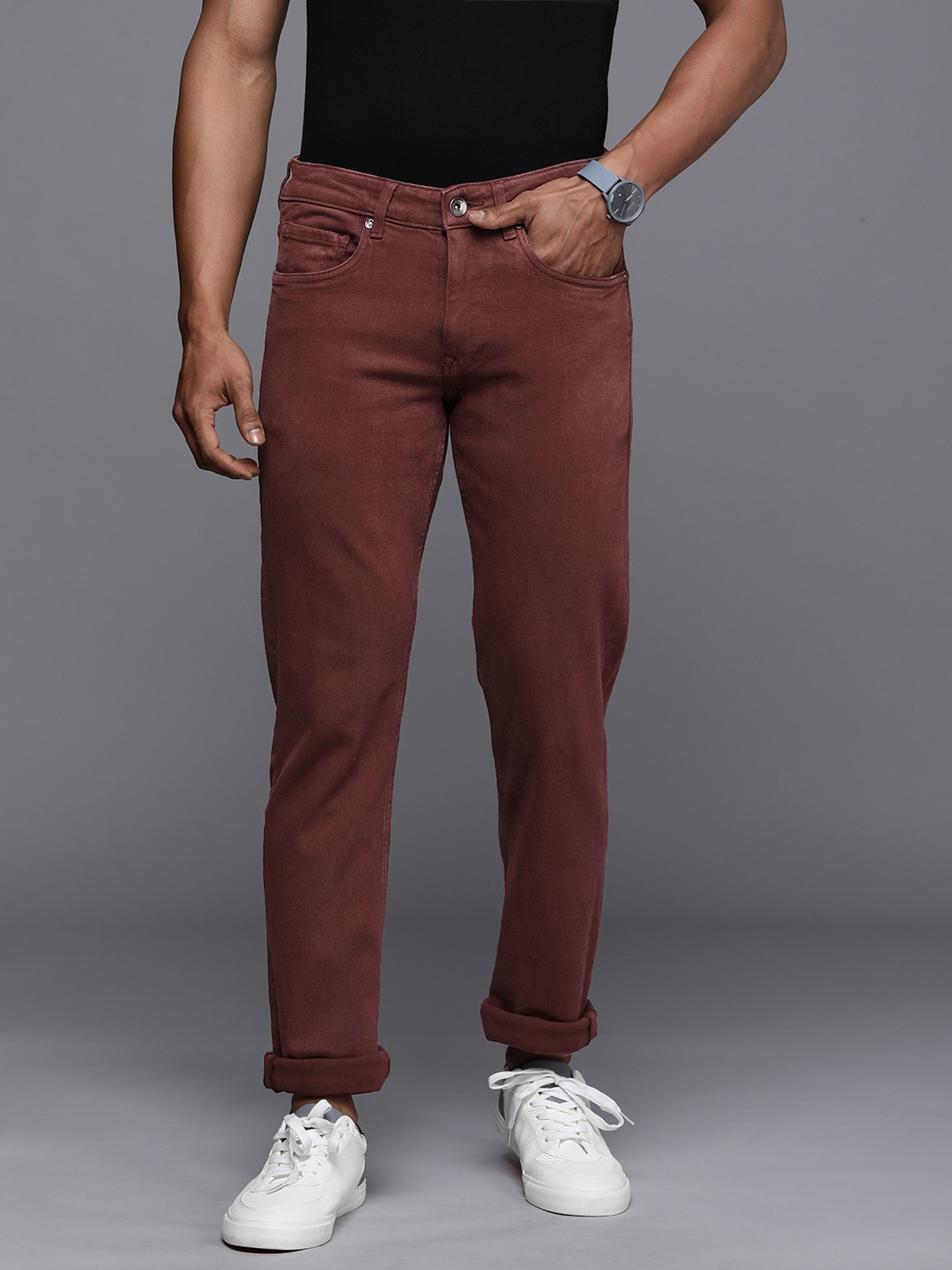 

Louis Philippe Jeans Men Wine-Coloured Slim Fit Low-Rise Clean Look Jeans, Maroon