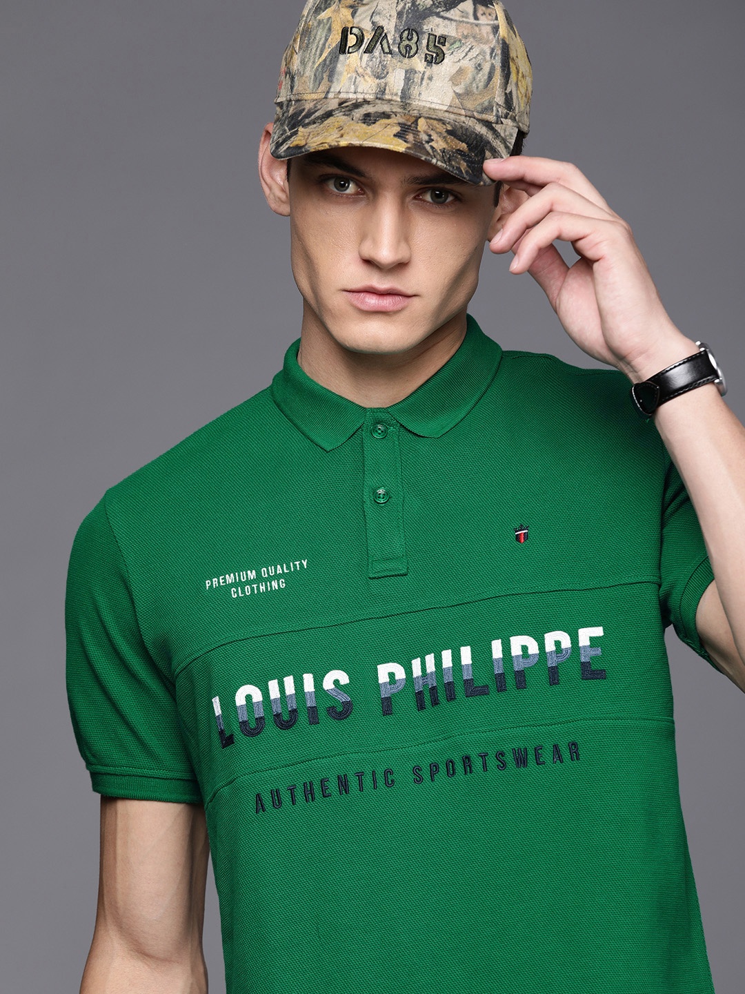 

Louis Philippe Sport Men Green Typography Printed Polo Collar Pure Cotton Slim Fit T-shirt
