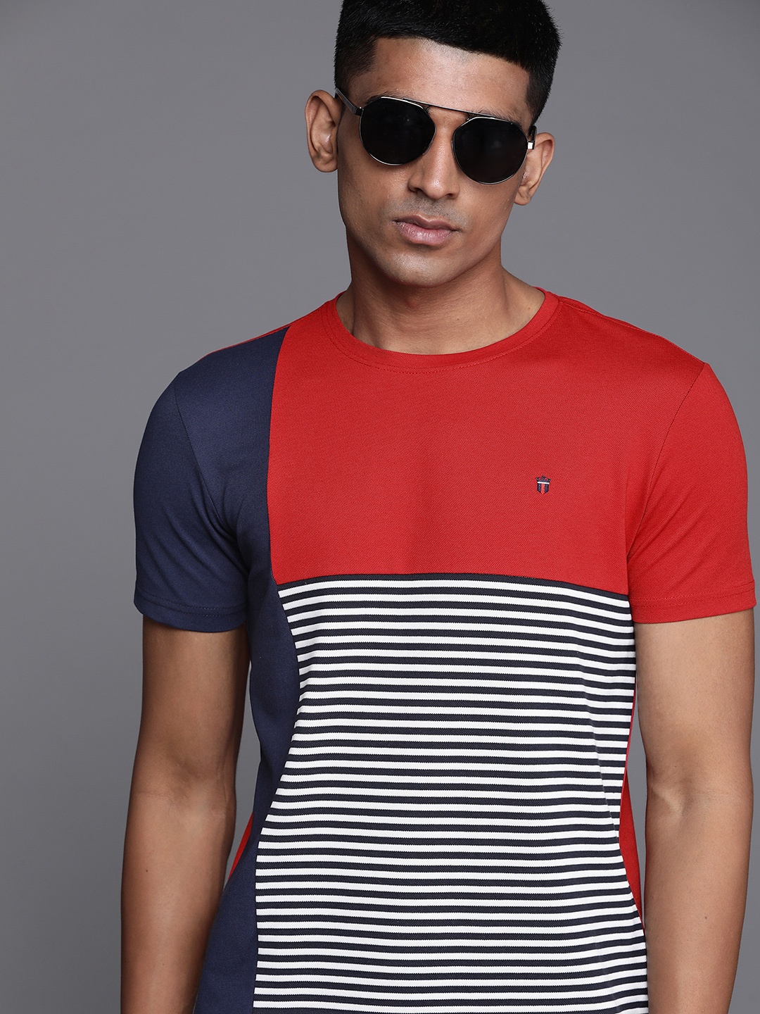 

Louis Philippe Sport Men Red & Navy Blue Striped T-shirt
