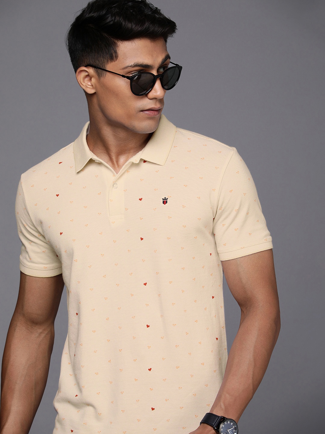 

Louis Philippe Jeans Men Beige Printed Polo Collar Pure Cotton Slim Fit T-shirt