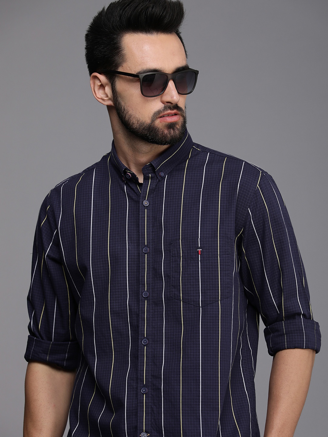 

Louis Philippe Sport Men Blue & Yellow Striped Slim Fit Pure Cotton Casual Shirt