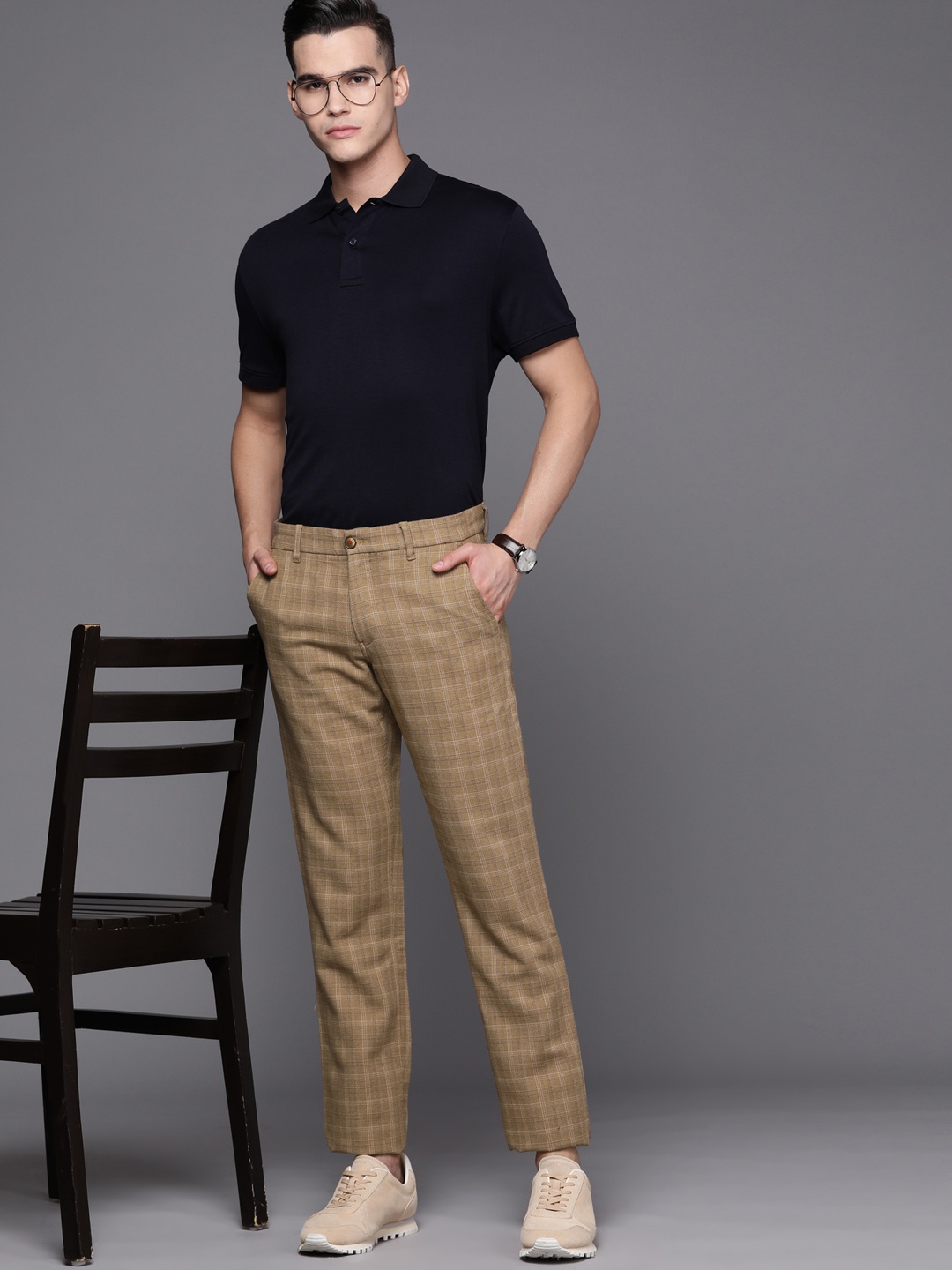 

Louis Philippe Sport Men Checked Slim Fit Trousers, Brown