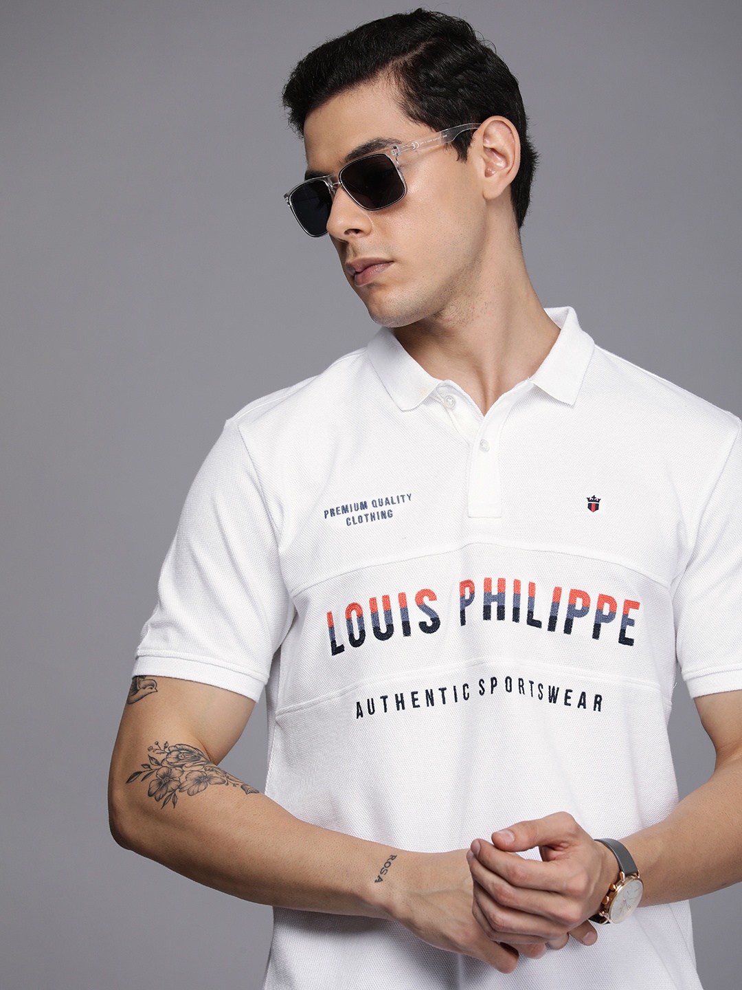 

Louis Philippe Sport Men White Brand Logo Embroidered Pure Cotton Slim Fit Polo T-shirt