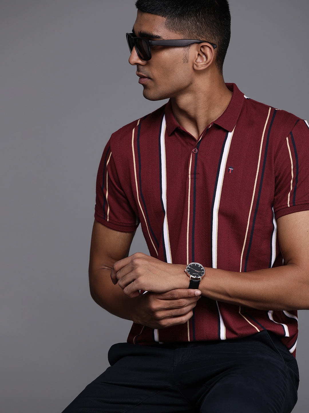 

Louis Philippe Sport Men Maroon & White Striped Polo Collar T-shirt