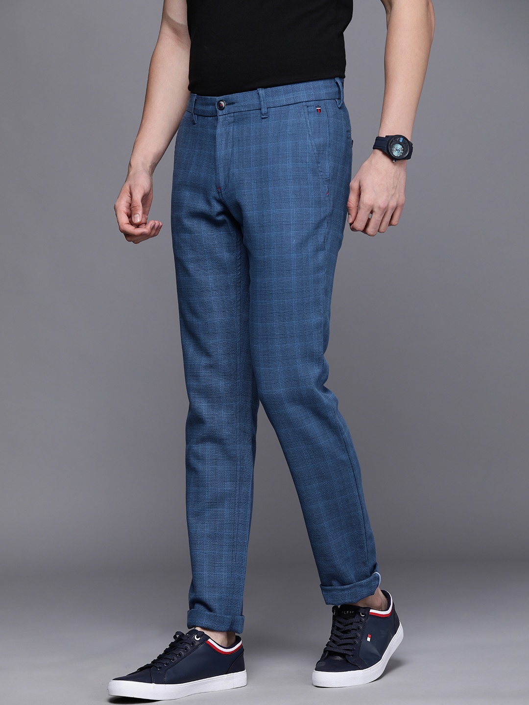 

Louis Philippe Sport Men Navy Blue Checked Slim Fit Trousers
