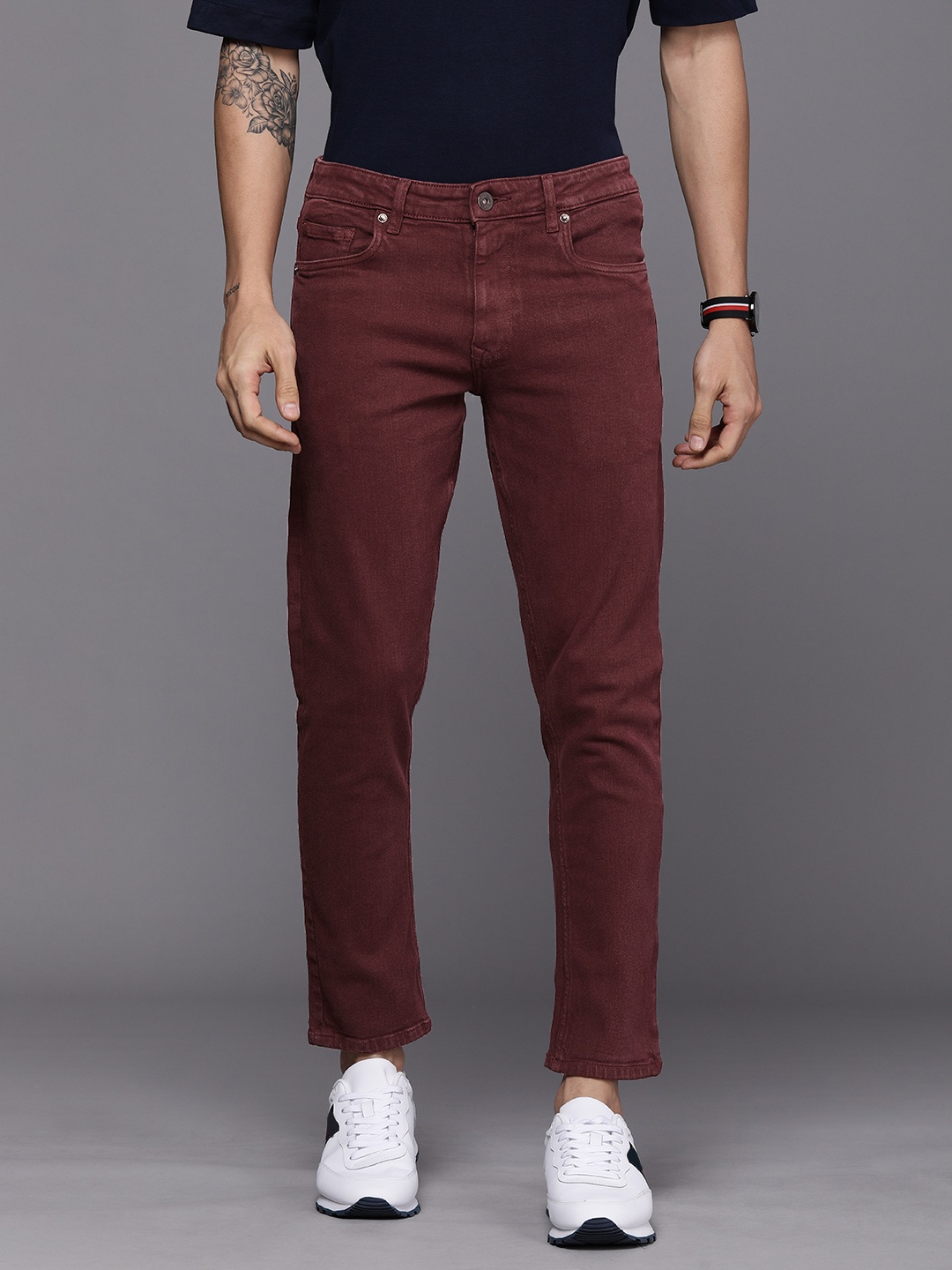 

Louis Philippe Jeans Men Maroon Skinny Fit Low-Rise Clean Look Cropped Jeans