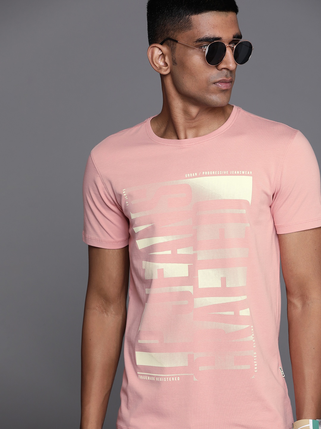 

Louis Philippe Jeans Men Pink & Cream-Coloured Typography Printed T-shirt