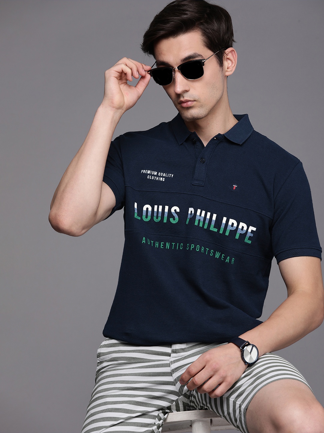 

Louis Philippe Sport Men Navy Blue Typography Embroidered Polo Collar Pure Cotton T-shirt
