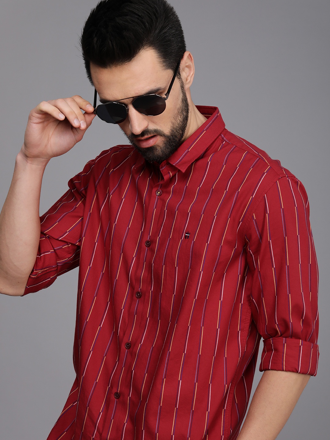 

Louis Philippe Sport Men Red & Yellow Pure Striped Cotton Slim Fit Casual Shirt