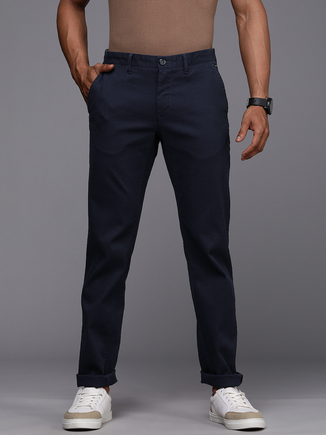 

Louis Philippe Sport Men Navy Blue Textured Slim Fit Low-Rise Trousers