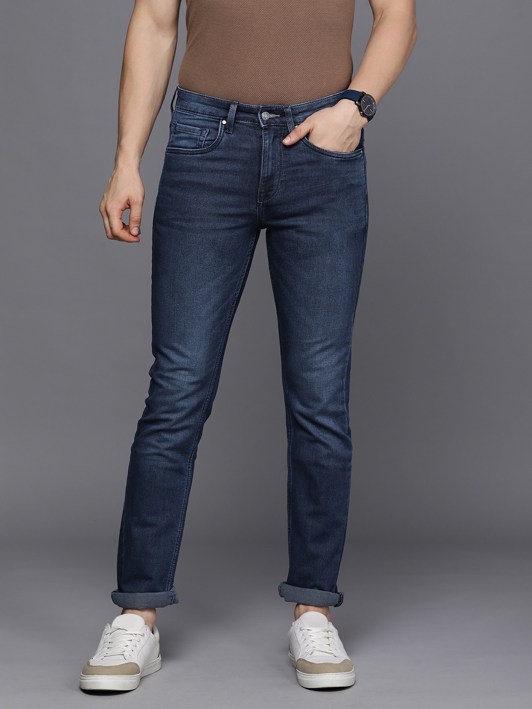 

Louis Philippe Jeans Men Navy Blue Slim Fit Mid-Rise Light Fade Stretchable Jeans