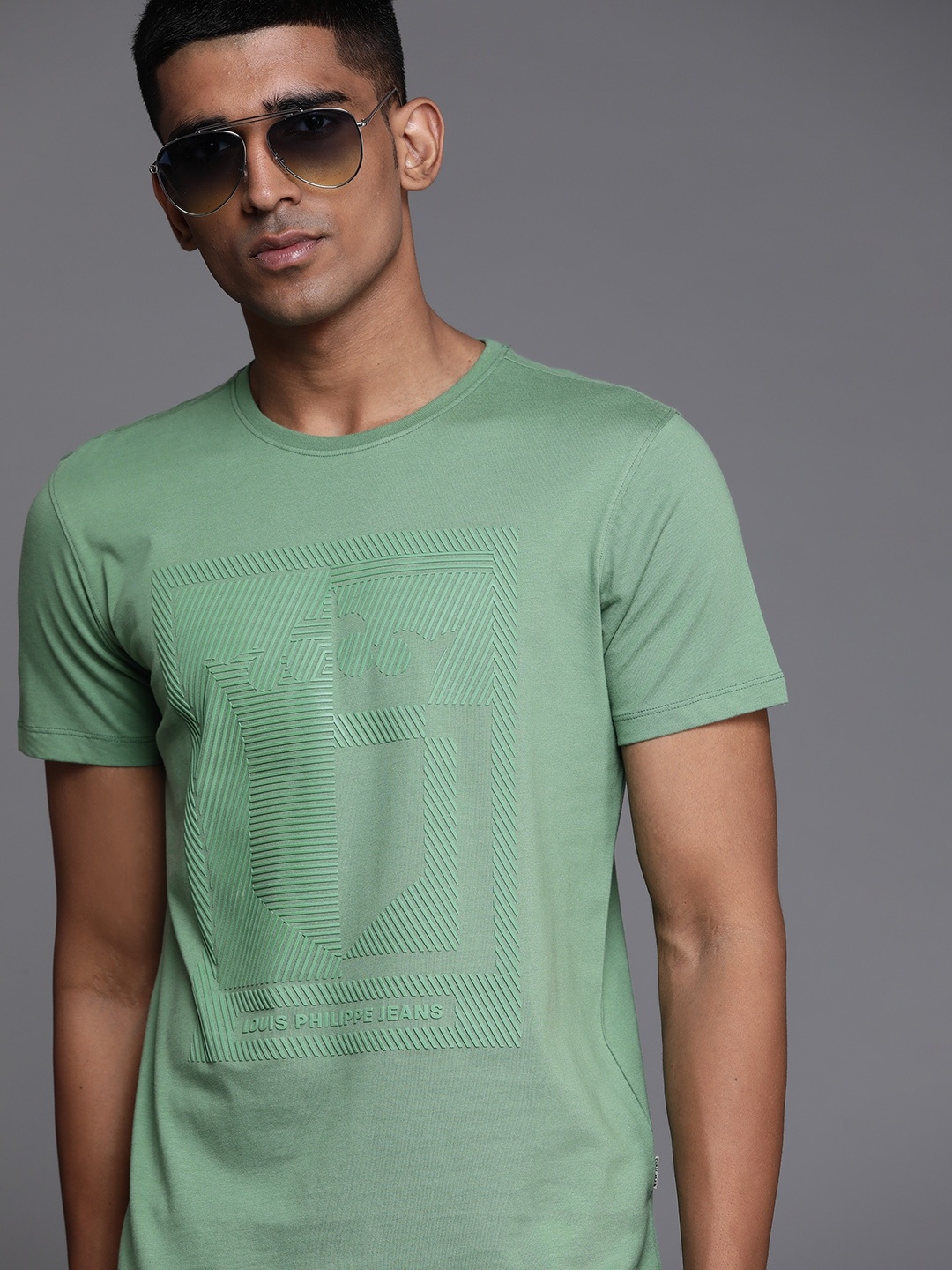 

Louis Philippe Jeans Men Green Pure Cotton Brand Logo Embossed Printed T-shirt