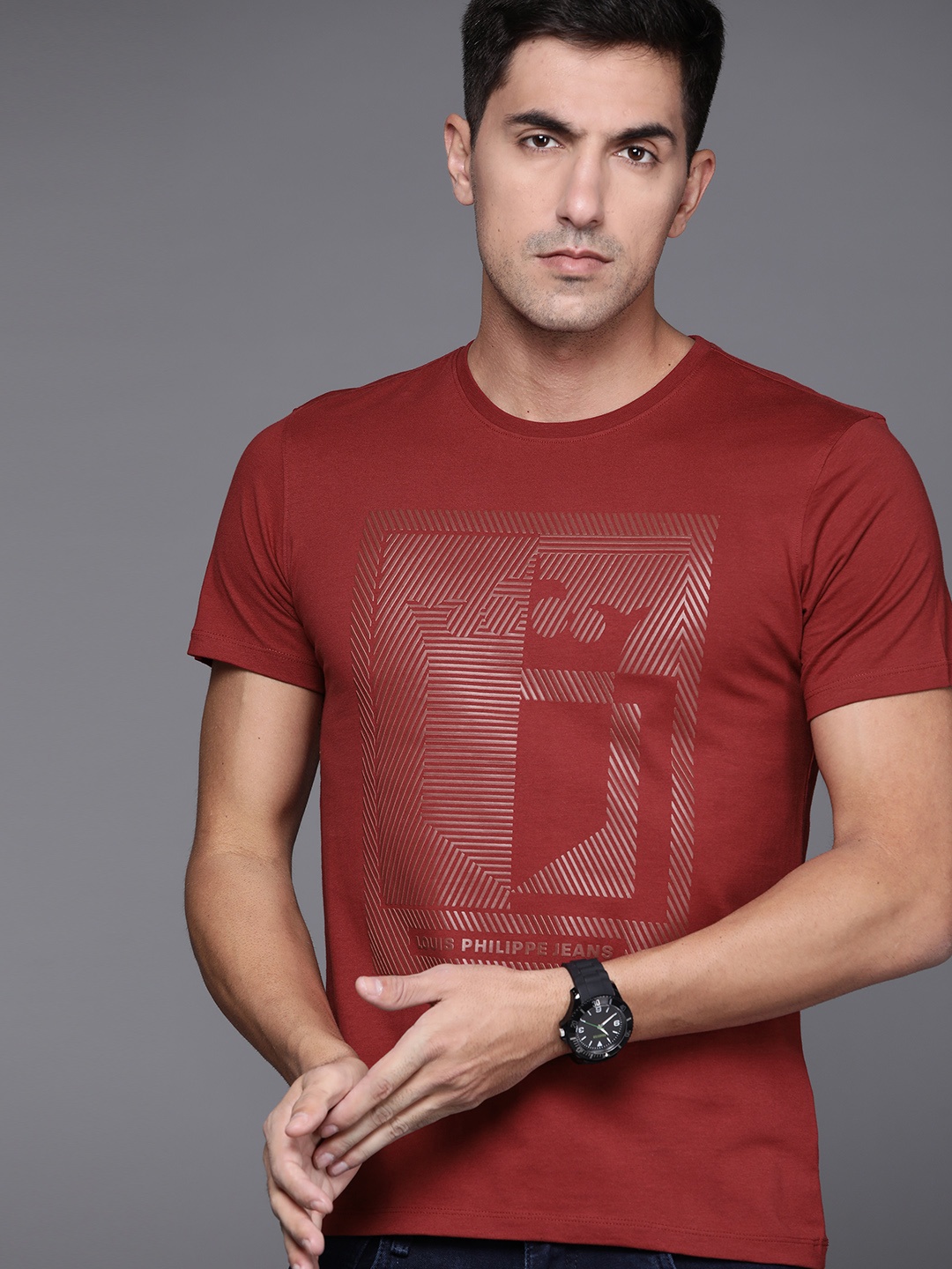 

Louis Philippe Jeans Men Maroon Cotton Striped Embossment T-shirt