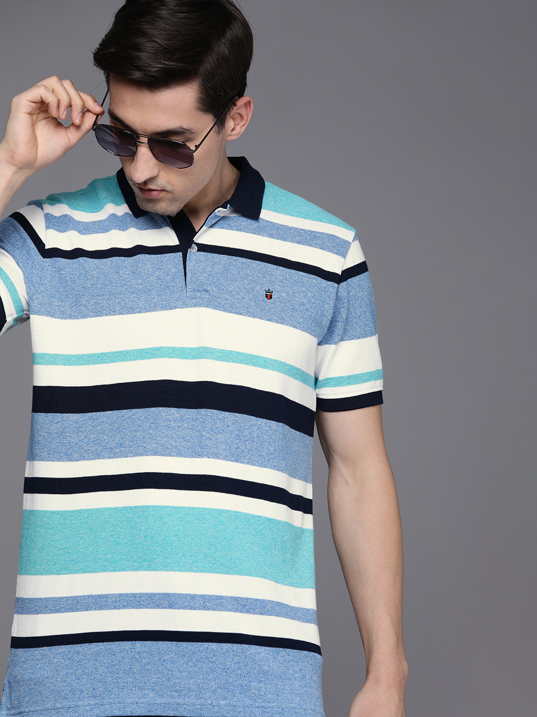 

Louis Philippe Sport Men Blue & White Striped Polo Collar Slim Fit Pure Cotton T-shirt