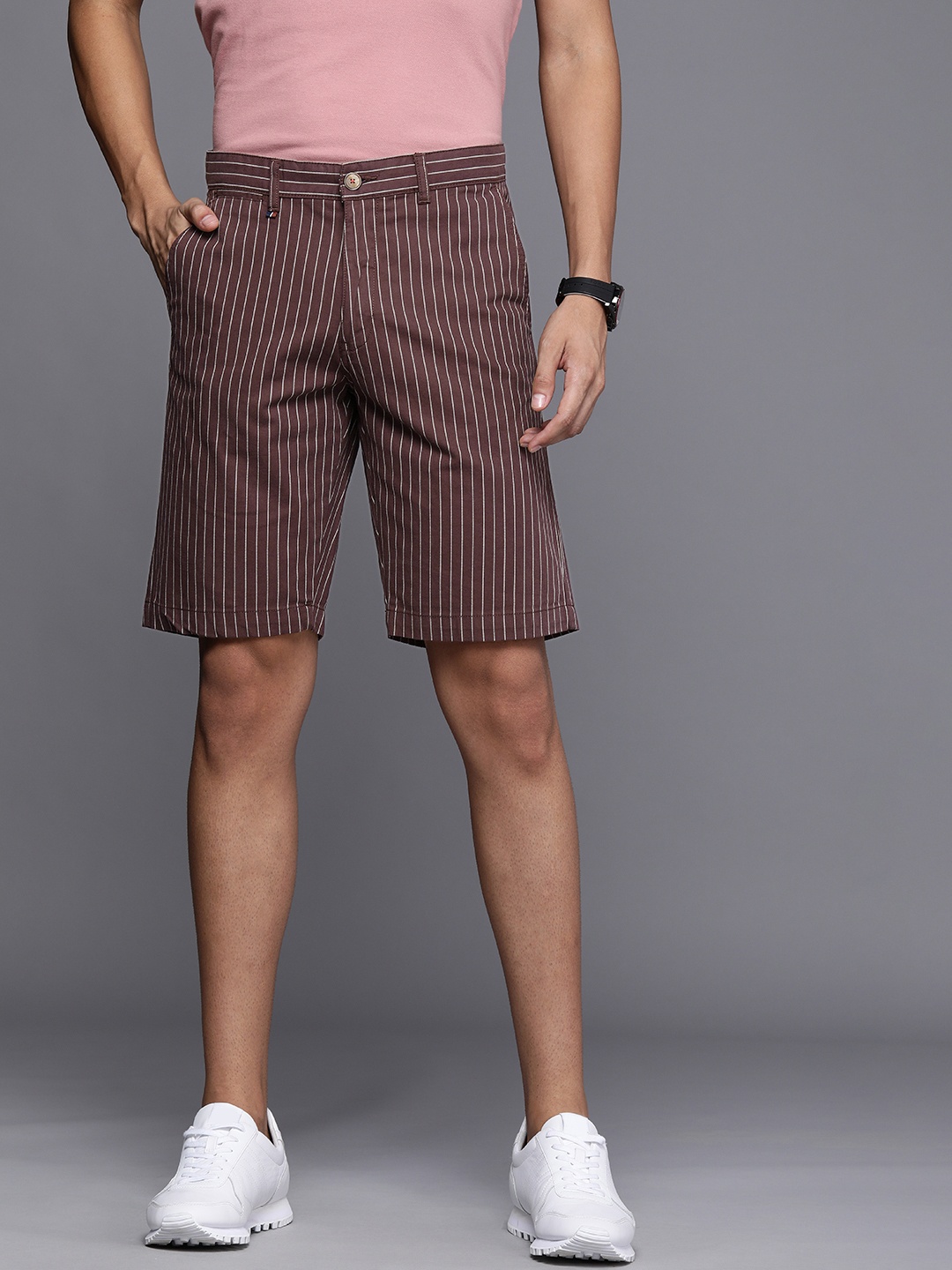 

Louis Philippe Sport Men Maroon & White Striped Slim Fit Shorts