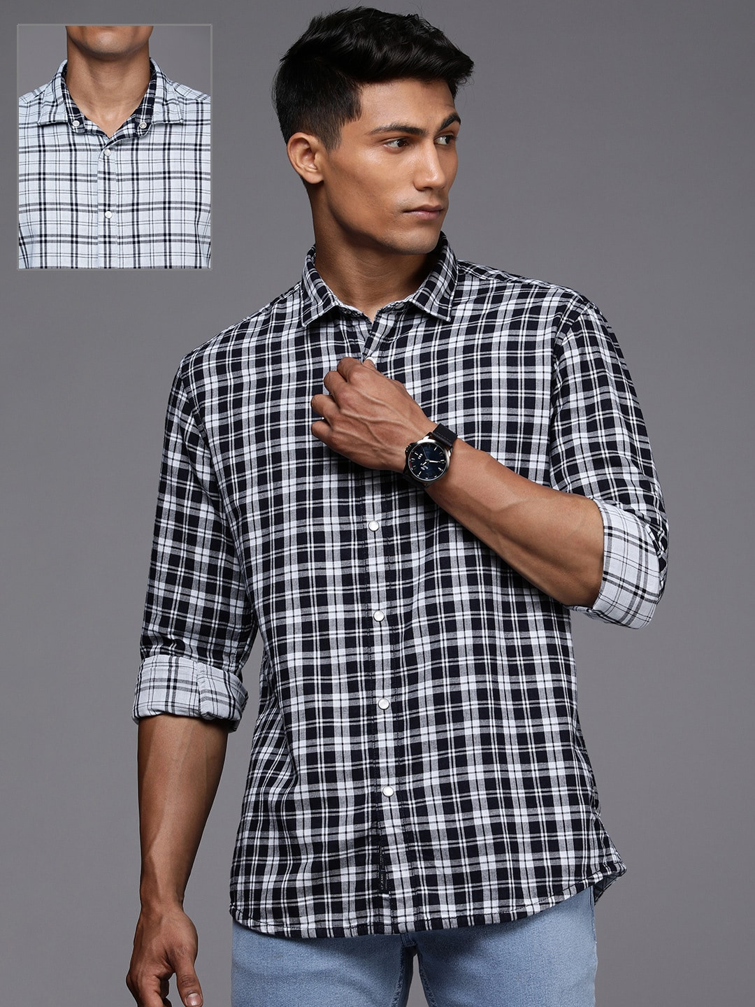 

Louis Philippe Jeans Men Navy Blue Slim Fit Checked Casual Shirt