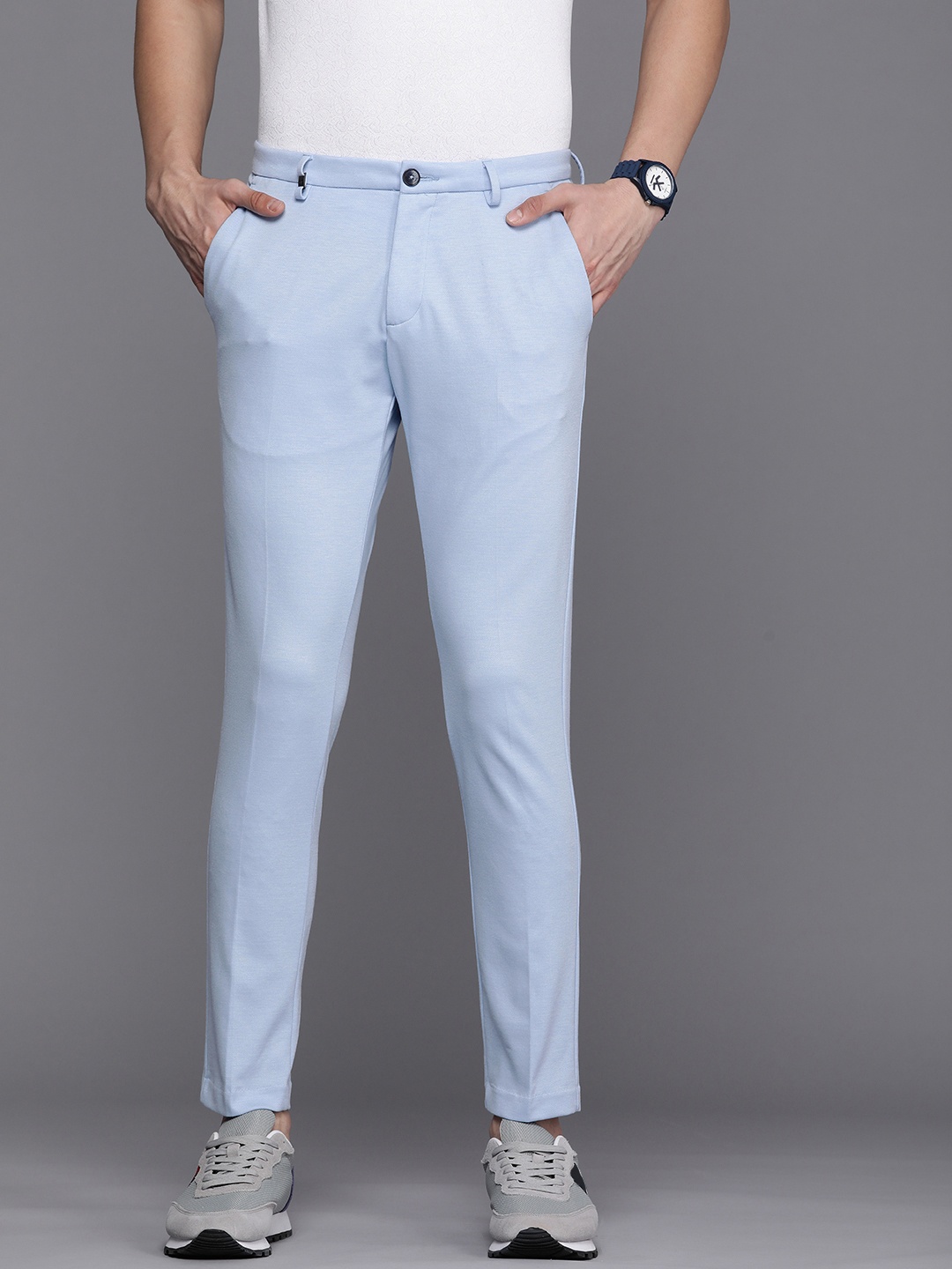 

Louis Philippe Sport Men Blue Textured Comfy Tapered Fit Trousers