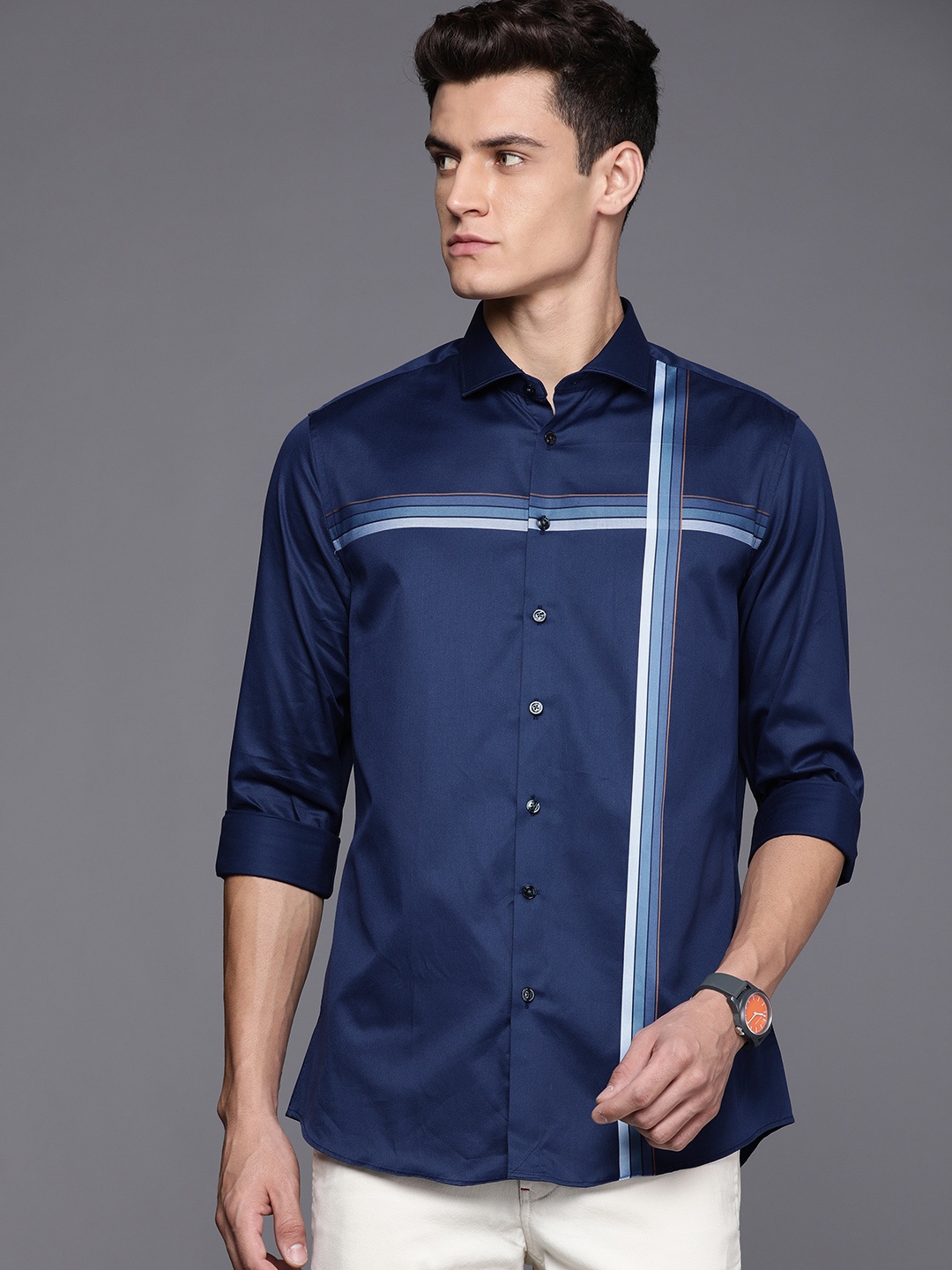 

Louis Philippe Sport Men Navy Blue Slim Fit Striped Pure Cotton Casual Shirt