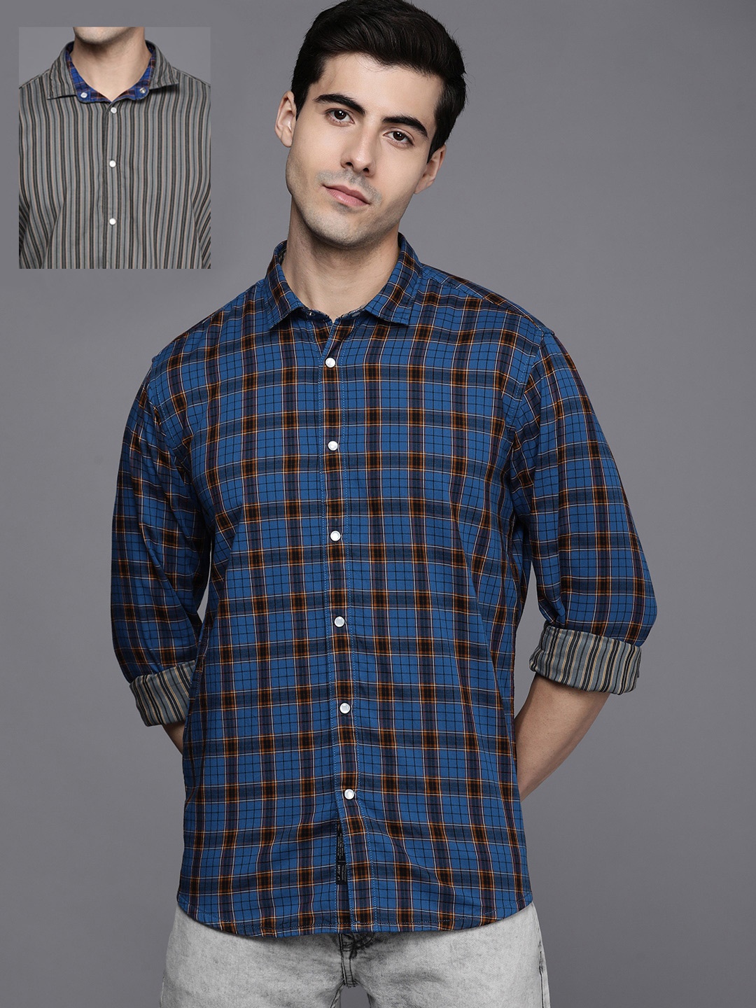 

Louis Philippe Jeans Men Blue & Red Slim Fit Checked Reverisble Pure Cotton Casual Shirt