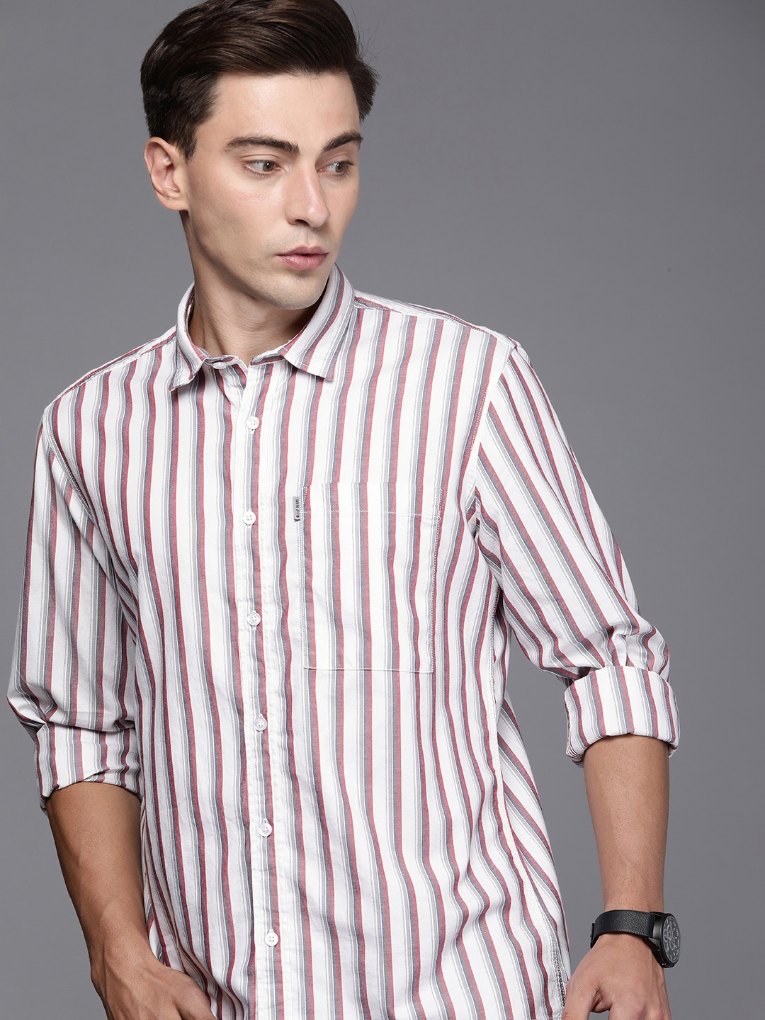 

Louis Philippe Jeans Men Off White Slim Fit Multi Stripes Casual Shirt