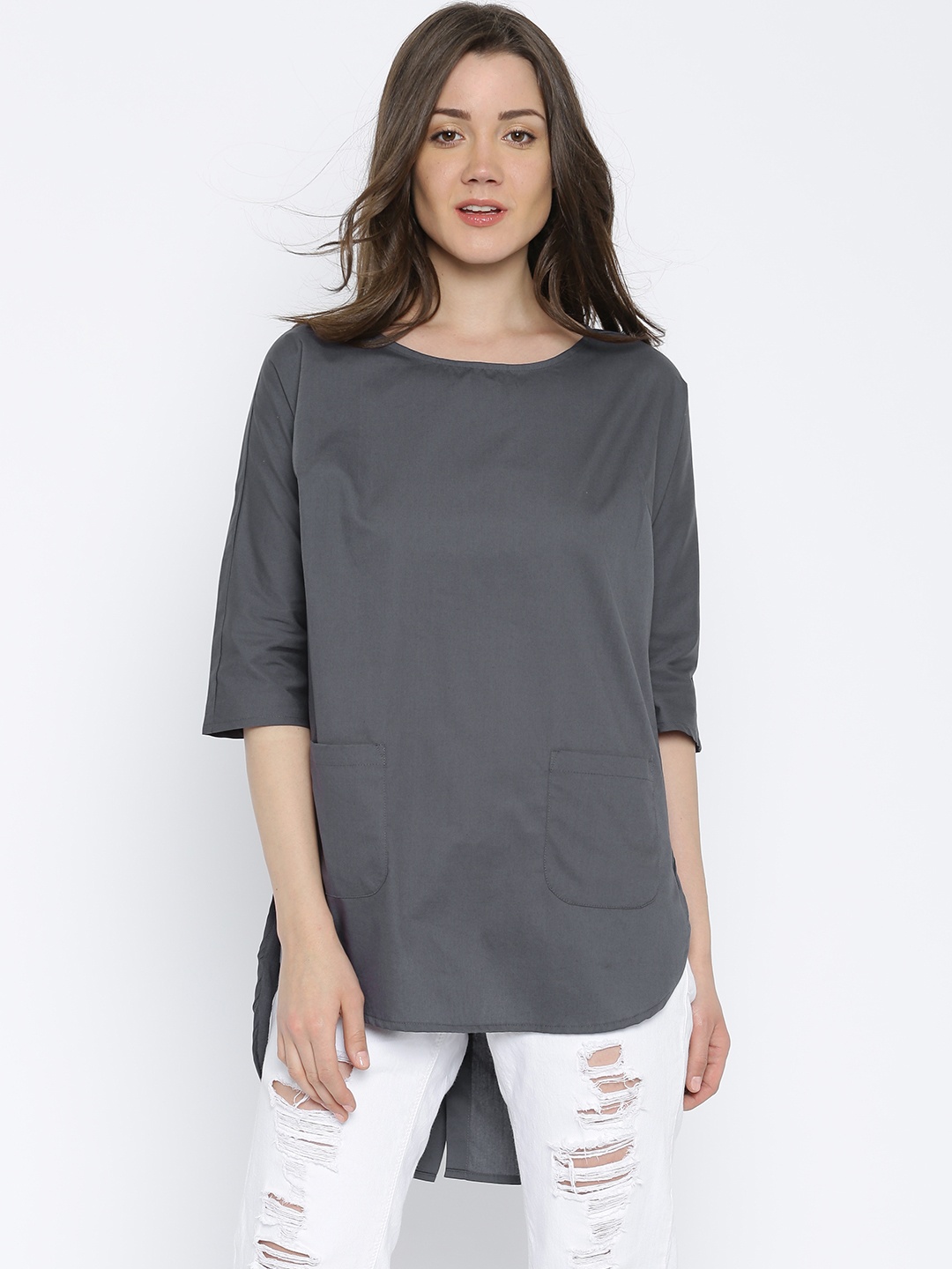 

Vero Moda Women Grey Solid High-Low Pure Cotton Top