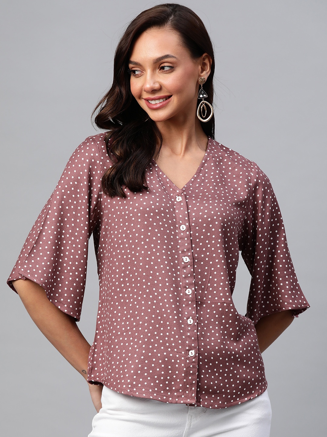 

Ayaany Mauve Print Shirt Style Cotton Top