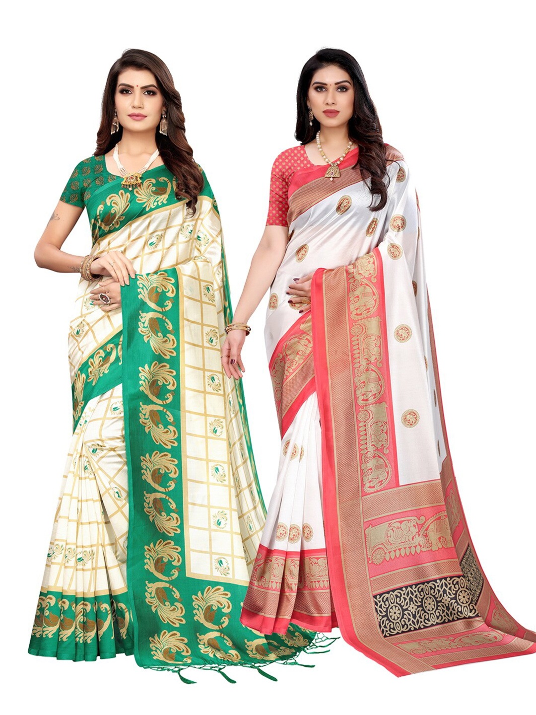 

KALINI Pack of 2 Ethnic Motifs Art Silk Saree, Green
