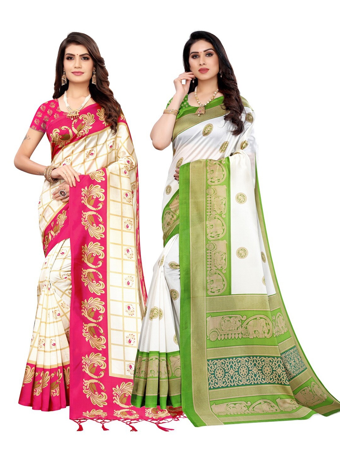 

KALINI Pink & Olive Green Ethnic Motifs Art Silk Saree