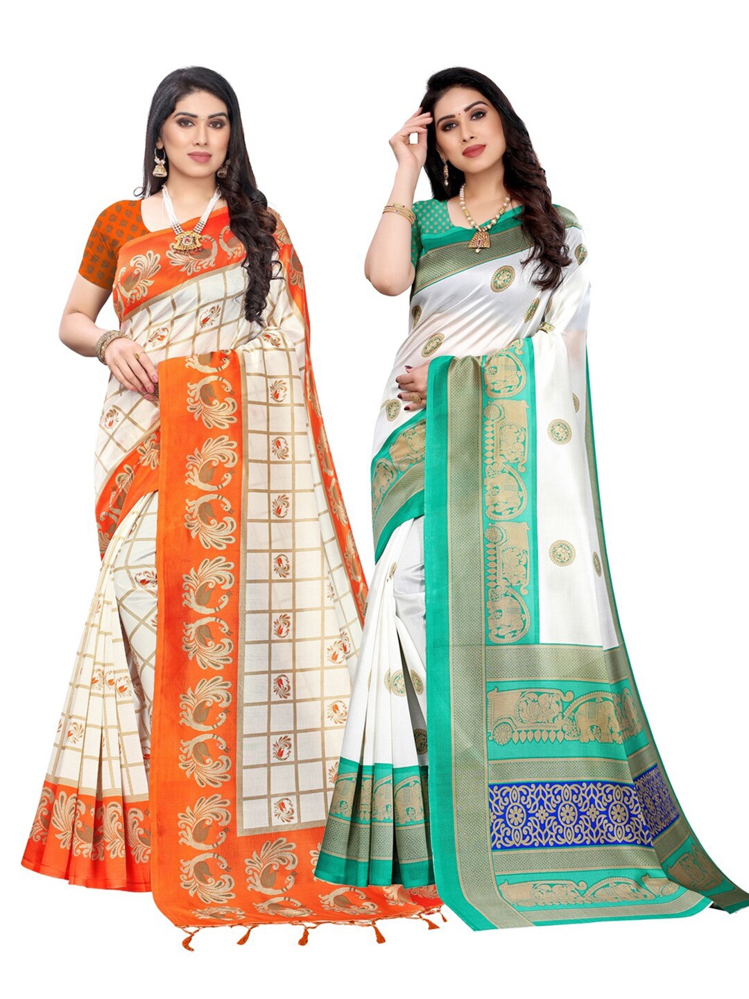 

KALINI Pack of 2 Ethnic Motifs Art Silk Sarees, Orange