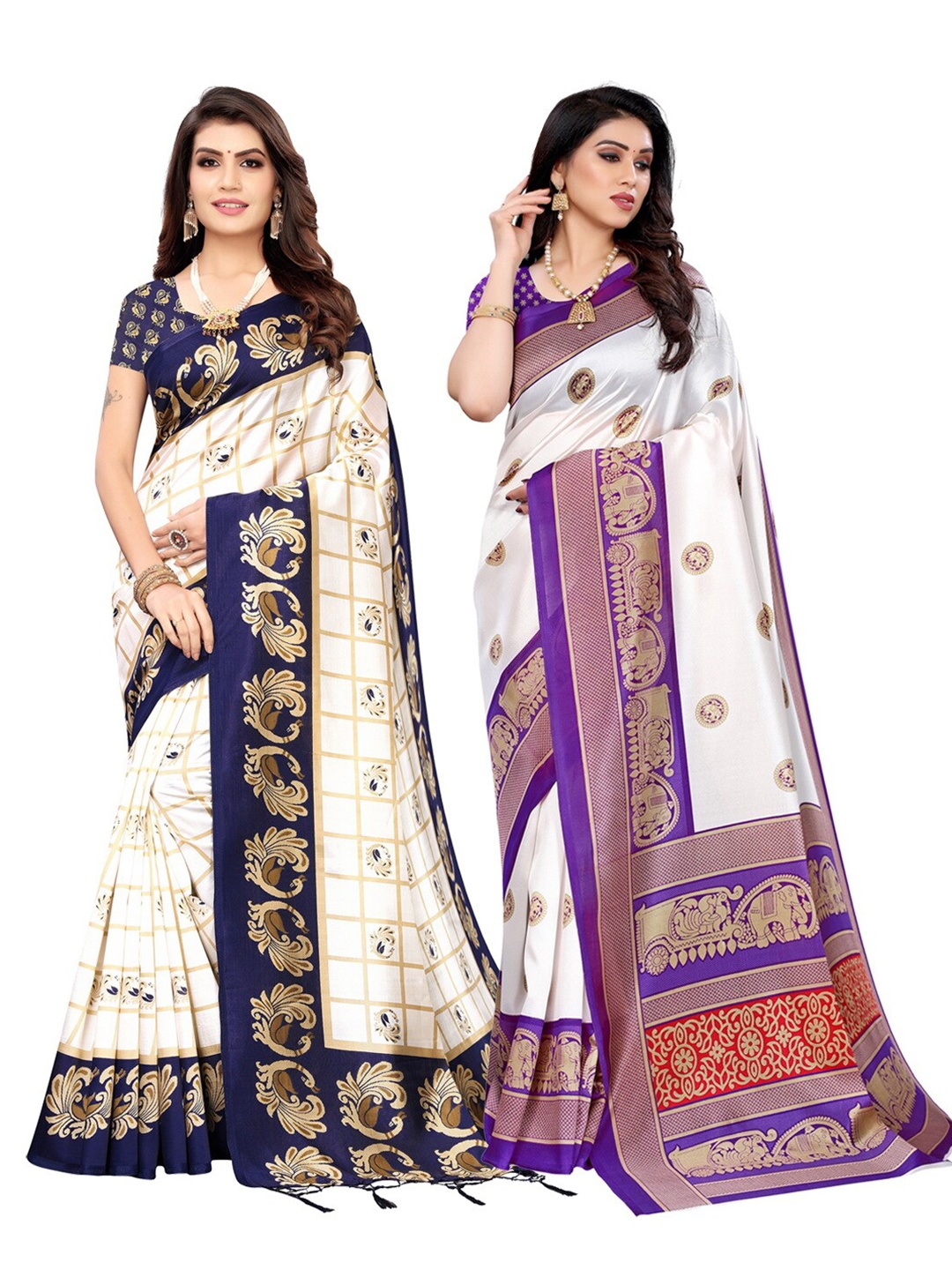 

KALINI Pack of 2 Cream-Coloured & White Ethnic Motifs Art Silk Saree