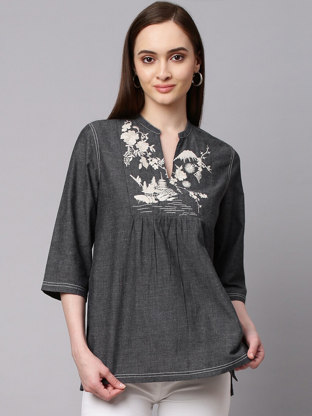 

Modern Indian by CHEMISTRY Women Charcoal Chambrey Embroidered Pure Cotton Kurti