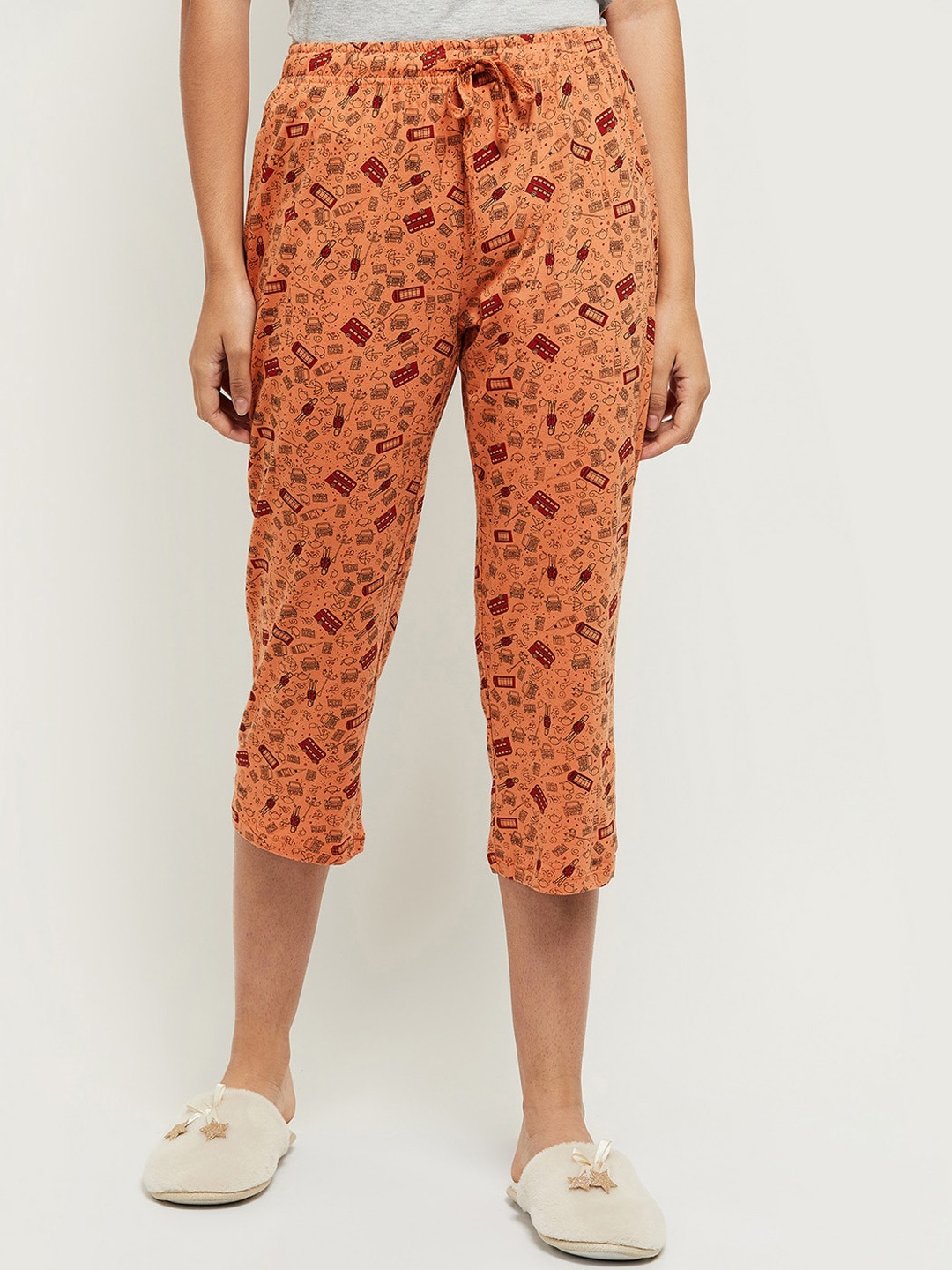 

max Women Orange Printed Mid-Rise Pure Cotton Cropped Lounge Pants