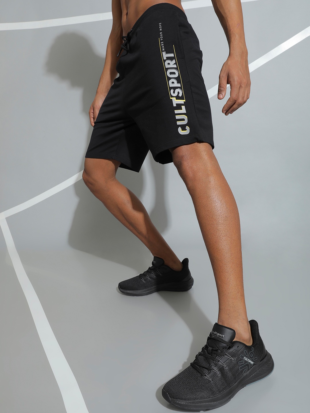 

Cultsport Men Black Typography Printed Training or Gym Cotton Sports Shorts