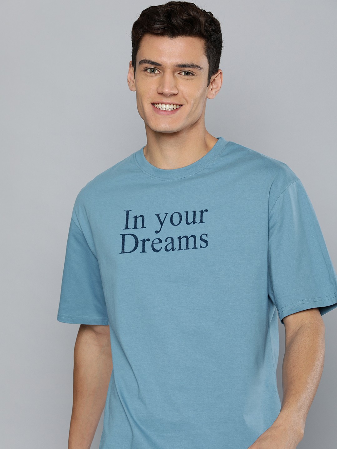 

M&H Easy Men Blue Typography Printed Pure Cotton Applique T-shirt