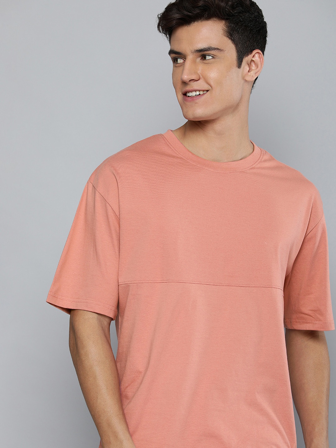 

M&H Easy Men Pink Solid Drop-Shoulder Sleeves Pure Cotton T-shirt
