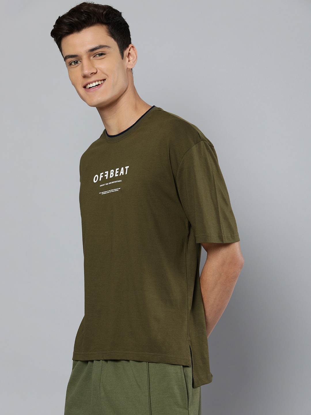

M&H Easy Men Olive Green Typography Printed T-shirt