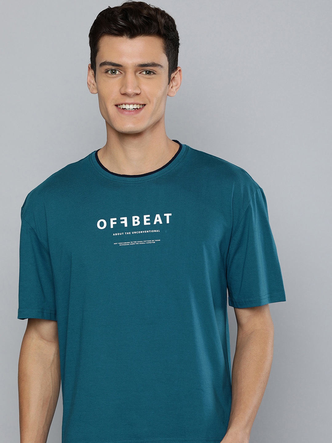 

M&H Easy Men Teal Blue Typography Printed Pure Cotton Applique T-shirt