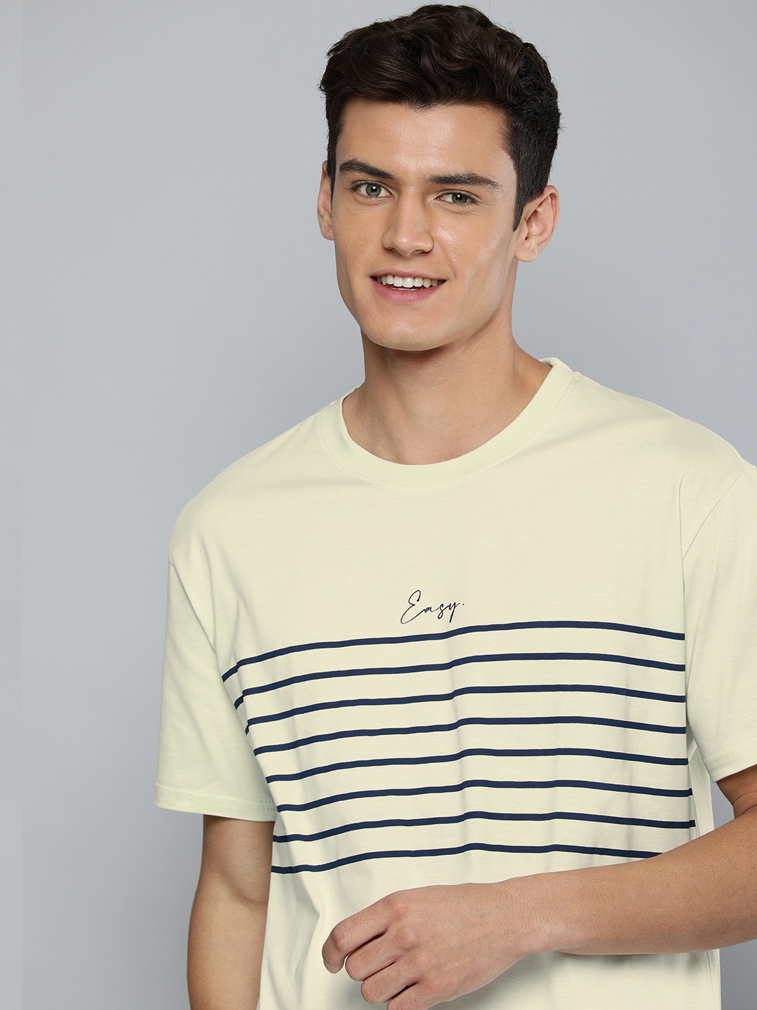 

M&H Easy Men Mint Green & Navy Blue Striped Pure Cotton T-shirt