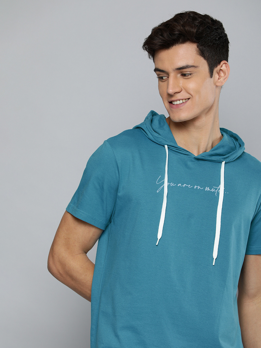

M&H Easy Men Blue Hooded T-shirt with Printed Detail