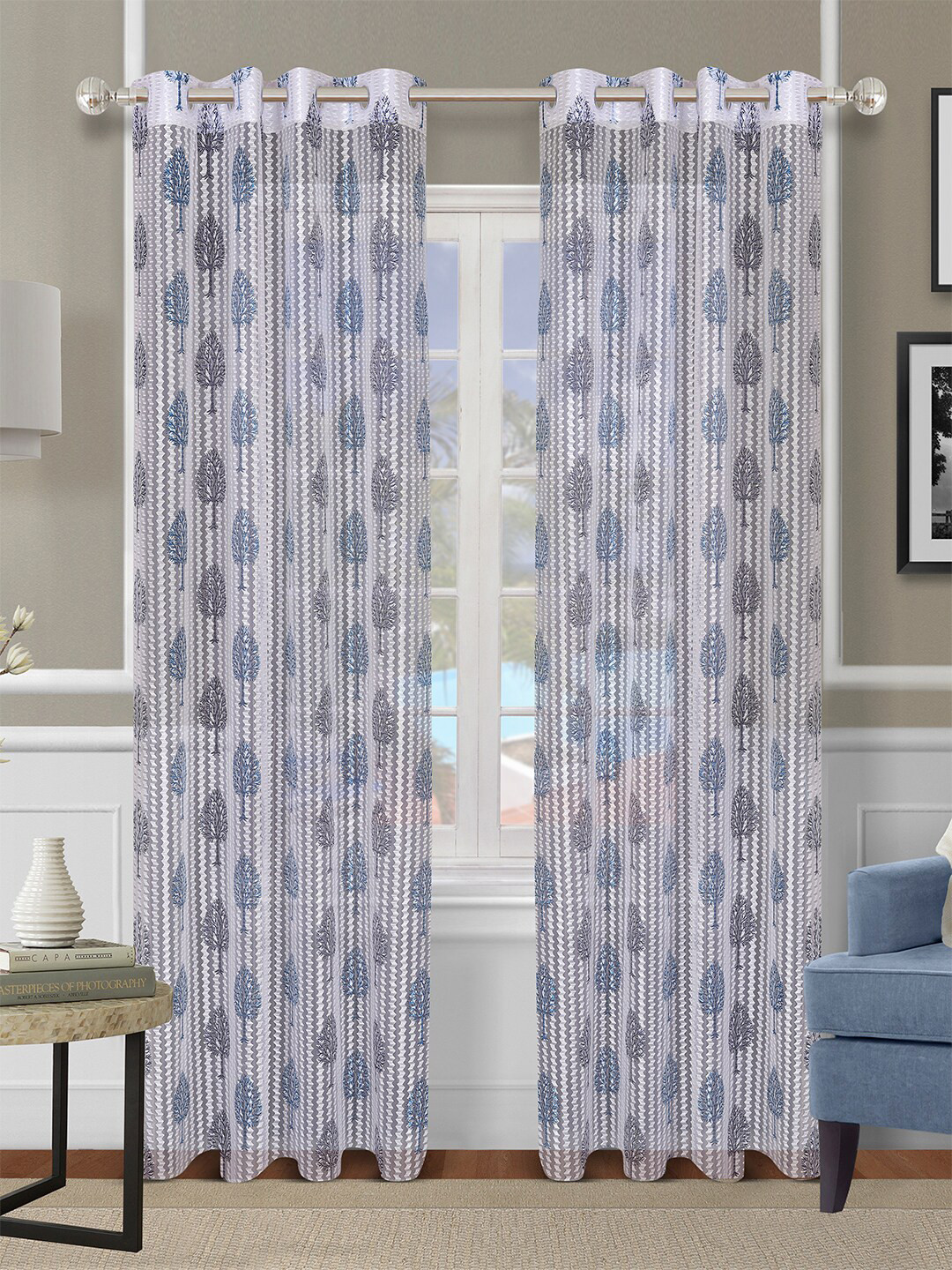 

ROMEE Off White & Blue Set of 2 Floral Sheer Door Curtains