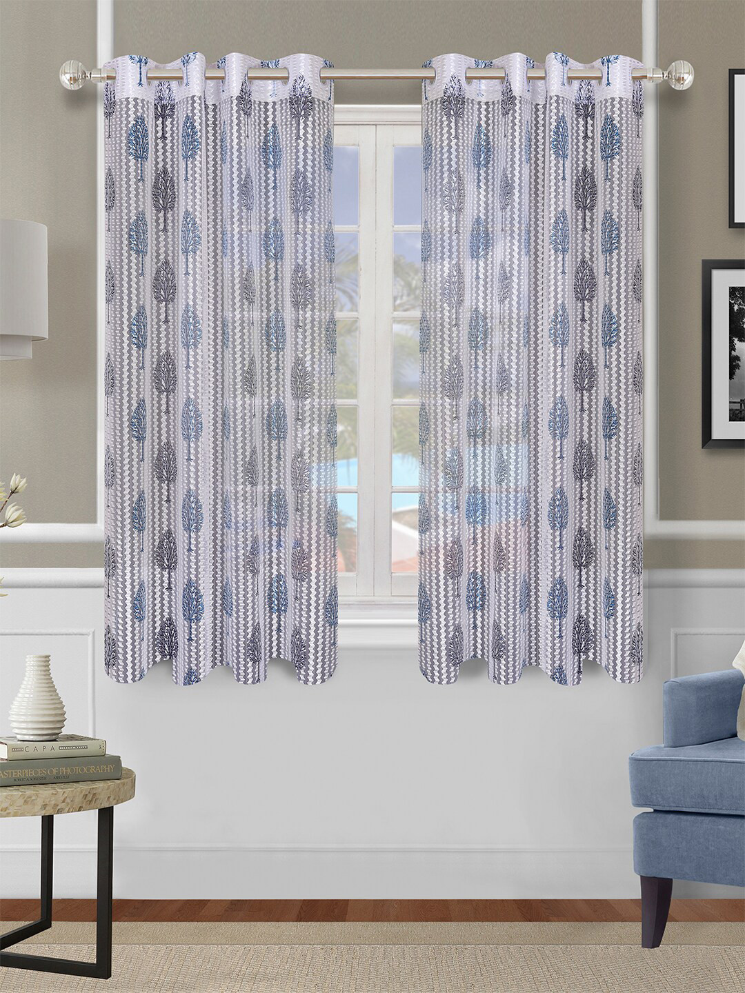 

ROMEE Off-White & Blue Set of 2 Ethnic Motifs Sheer Window Curtains