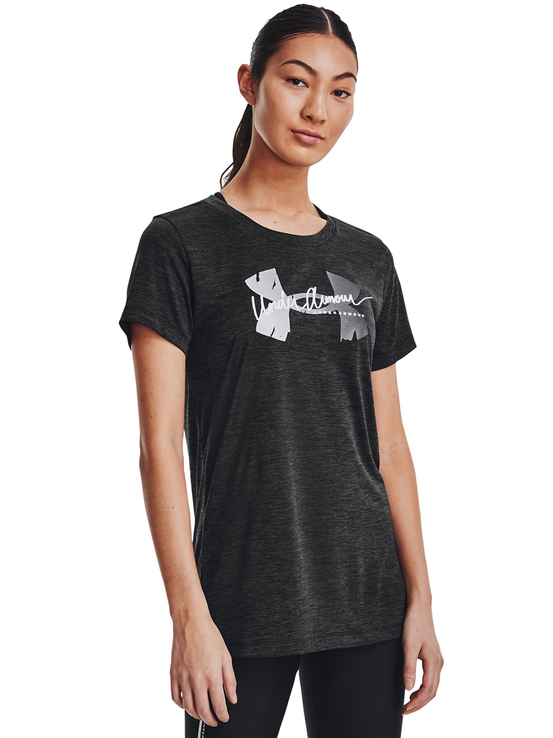 

UNDER ARMOUR Women Black Tech Twist Script Logo Brand Logo Printed Loose Training T-shirt