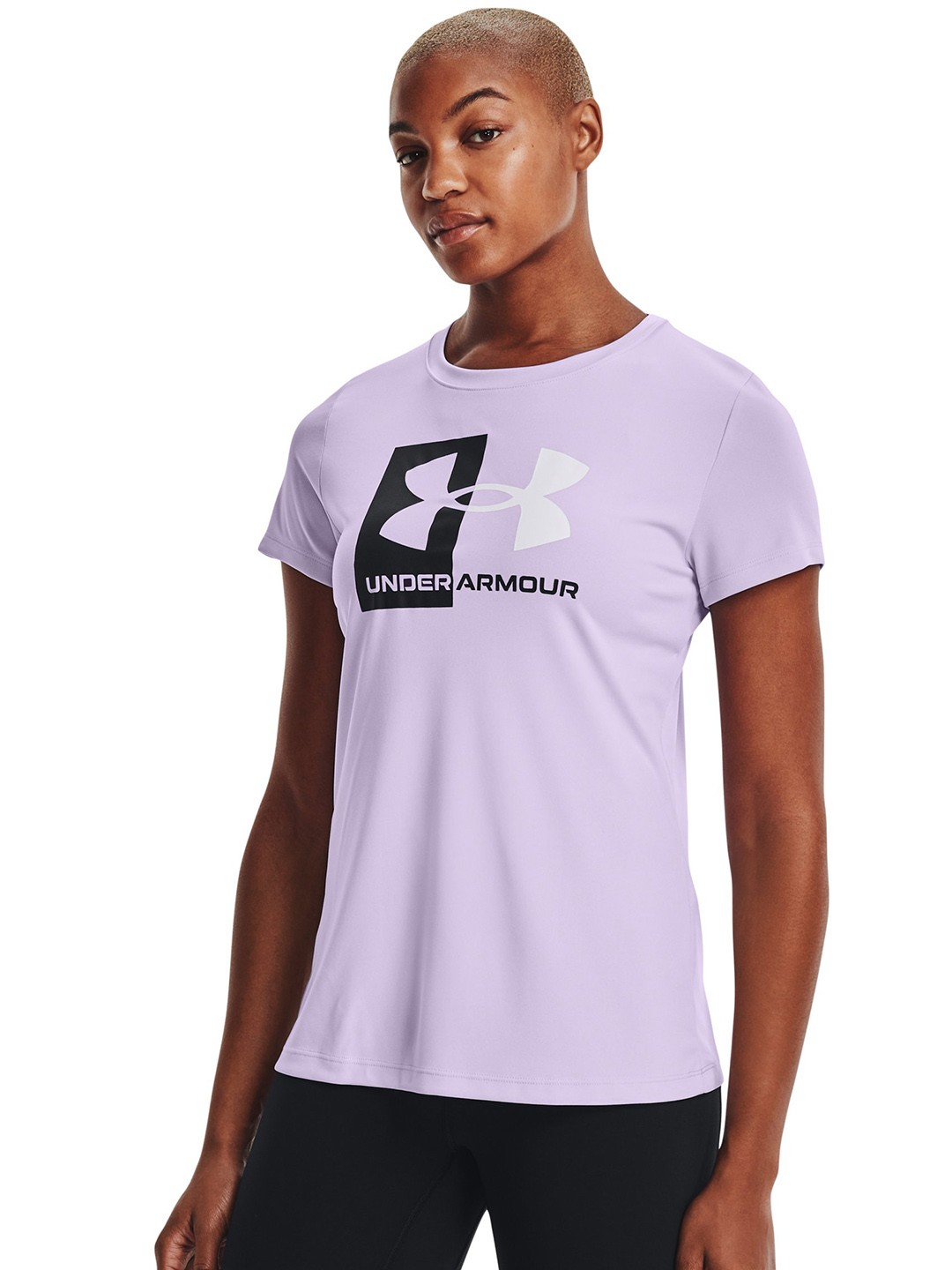 

UNDER ARMOUR Women Lavender Velocity Logo SSC Brand Logo Printed Loose T-shirt