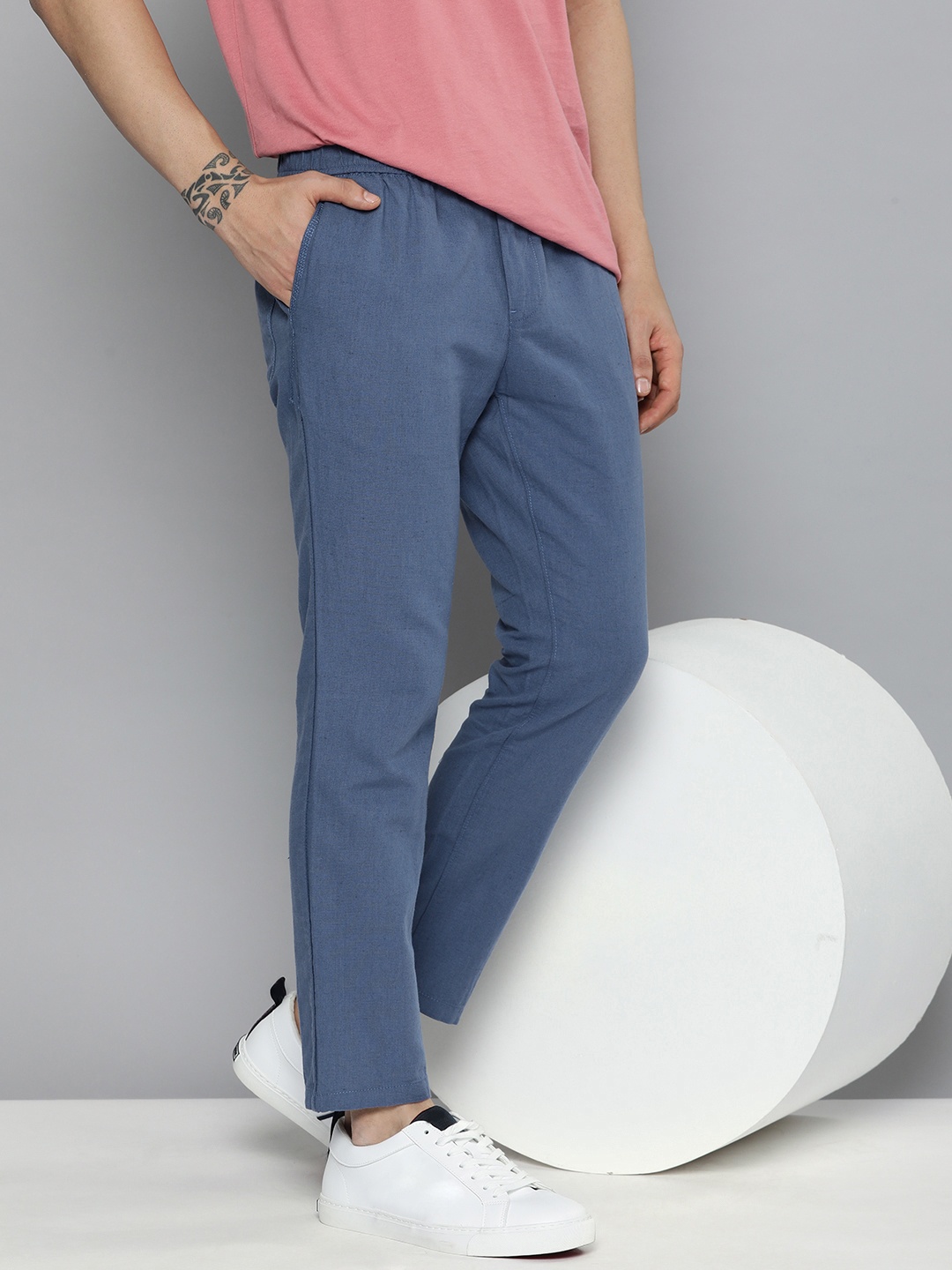 

Mast & Harbour Men Blue Slim Fit Cotton Linen Trousers