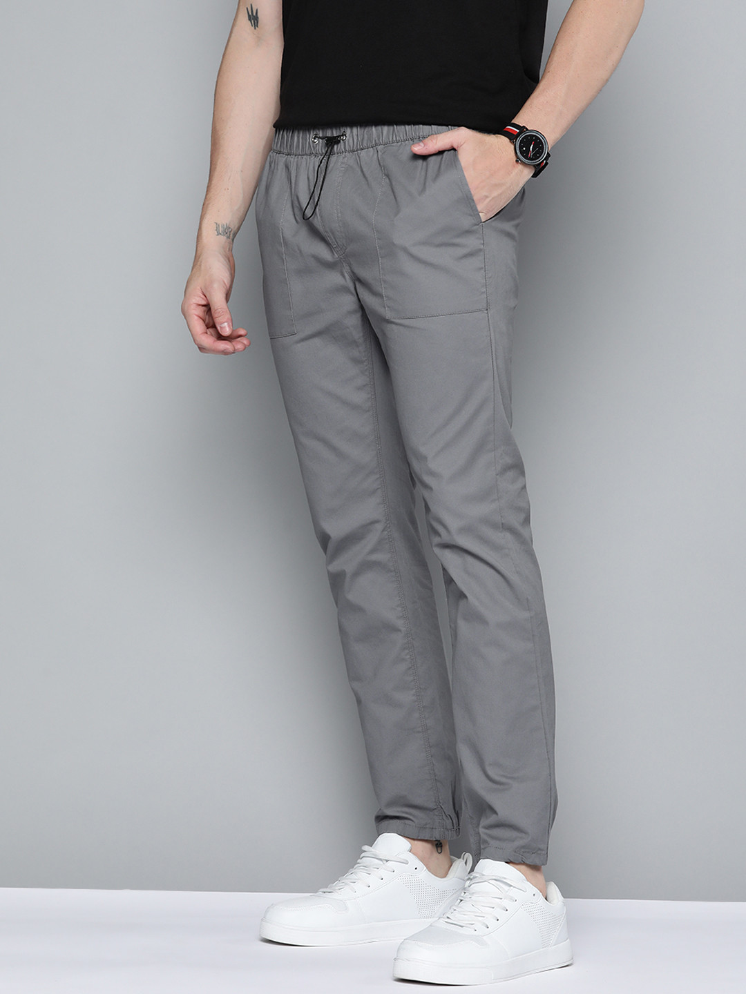 Mast & Harbour Men Grey Solid Cotton Joggers