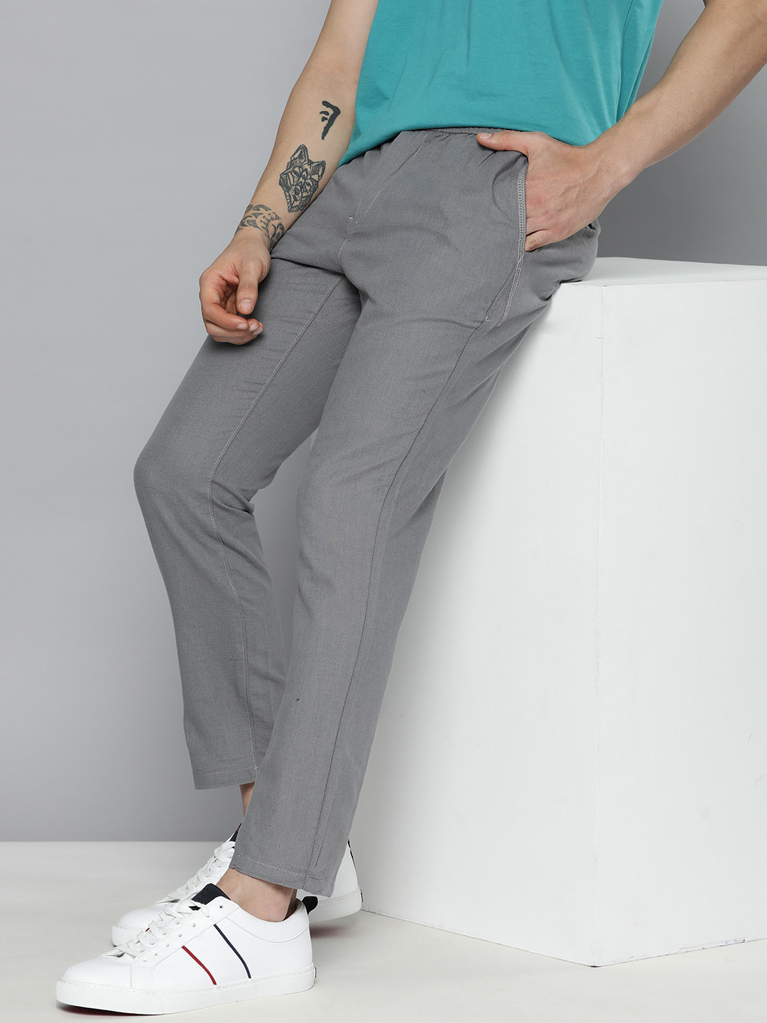 

Mast & Harbour Men Grey Slim Fit Cotton Linen Trousers