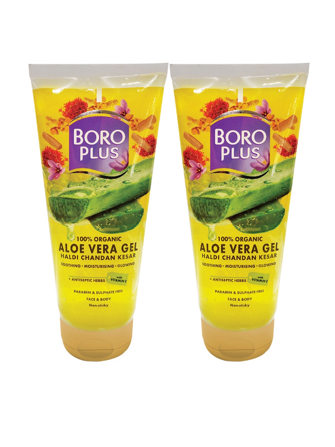 

BOROPLUS Set of 2 Aloe Vera Organic Gel with Haldi-Chandan & Kesar 150 ml each, Yellow