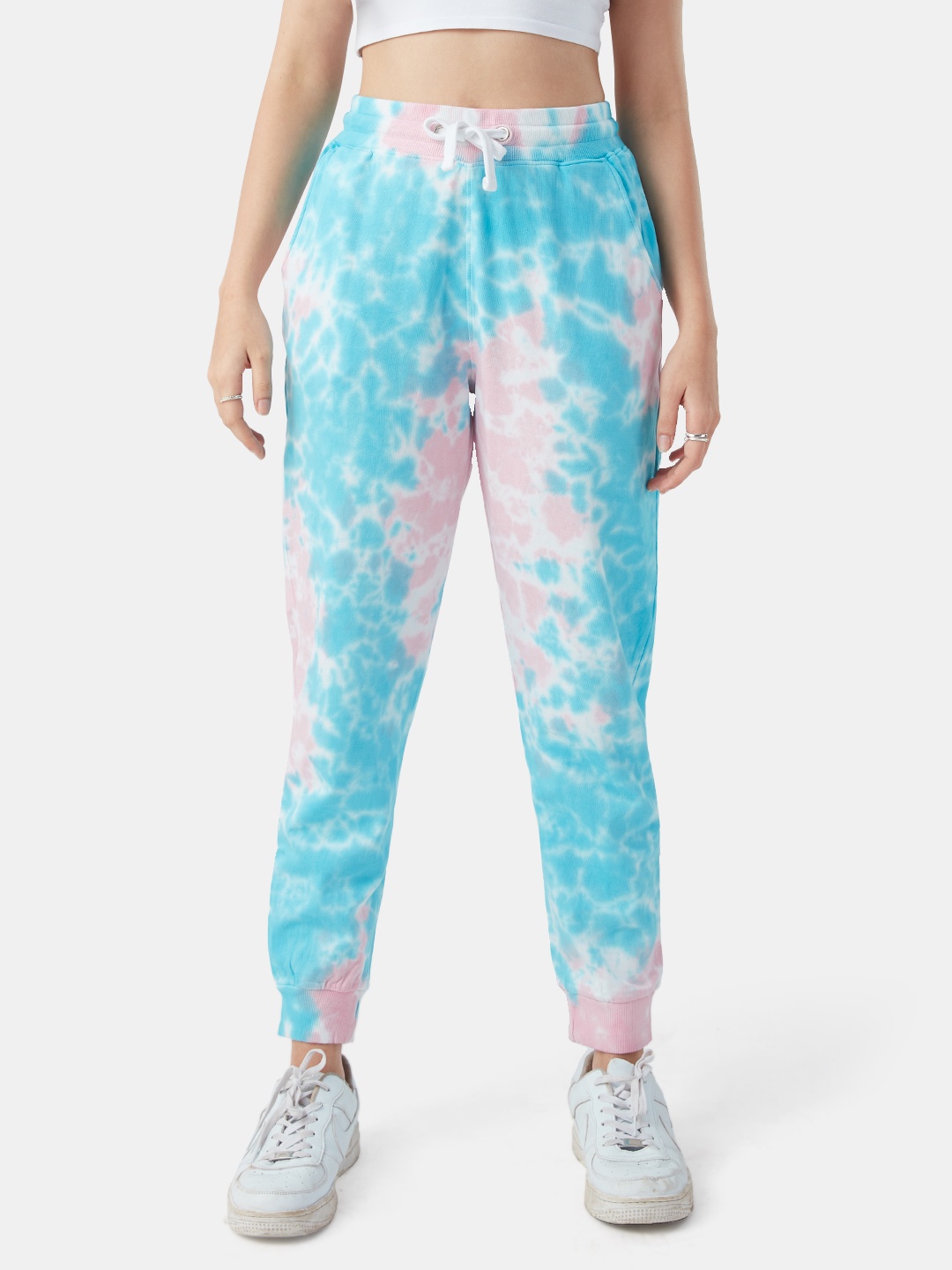 

The Souled Store Women White & Turquoise Blue Tie & Dye Cotton Track Pants