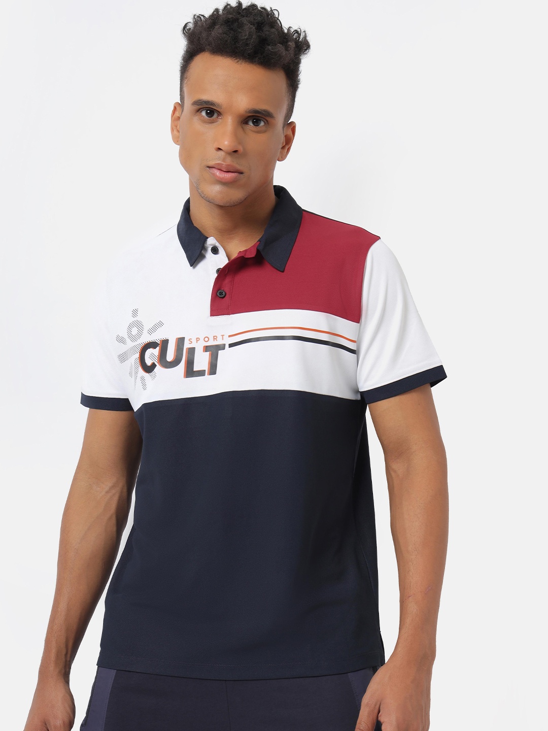 

Cultsport Men Navy Blue Colourblocked Polo Collar Training or Gym T-shirt
