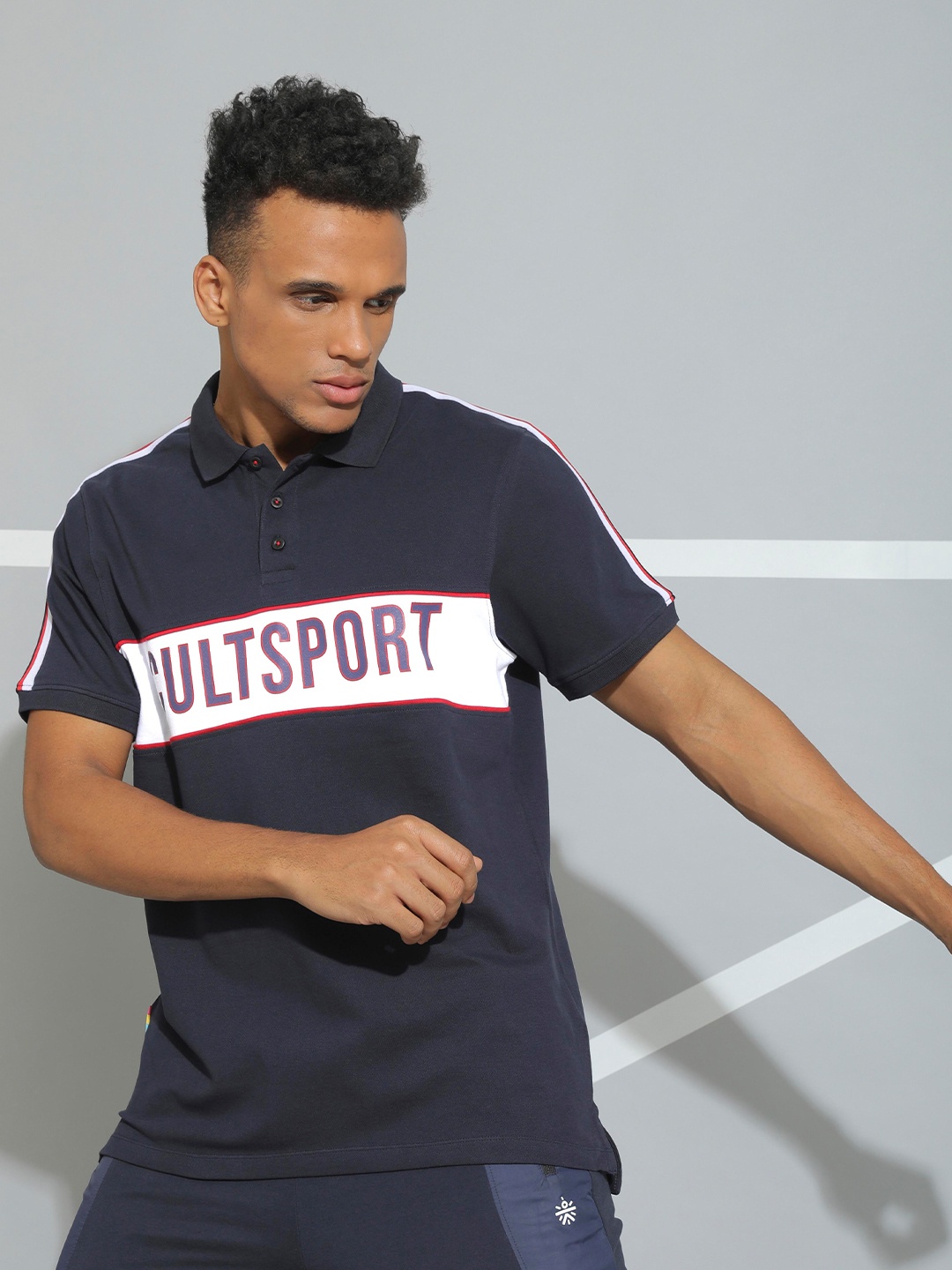 

CULT Men Navy Blue & White Striped Polo Collar Rapid-Dry Training T-shirt